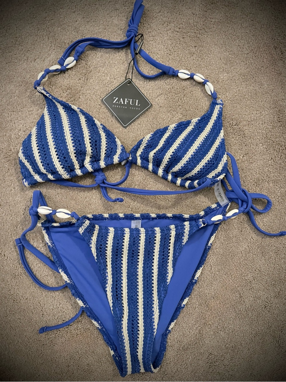ZAFUL Blue and White Striped Crochet Tie Bikini